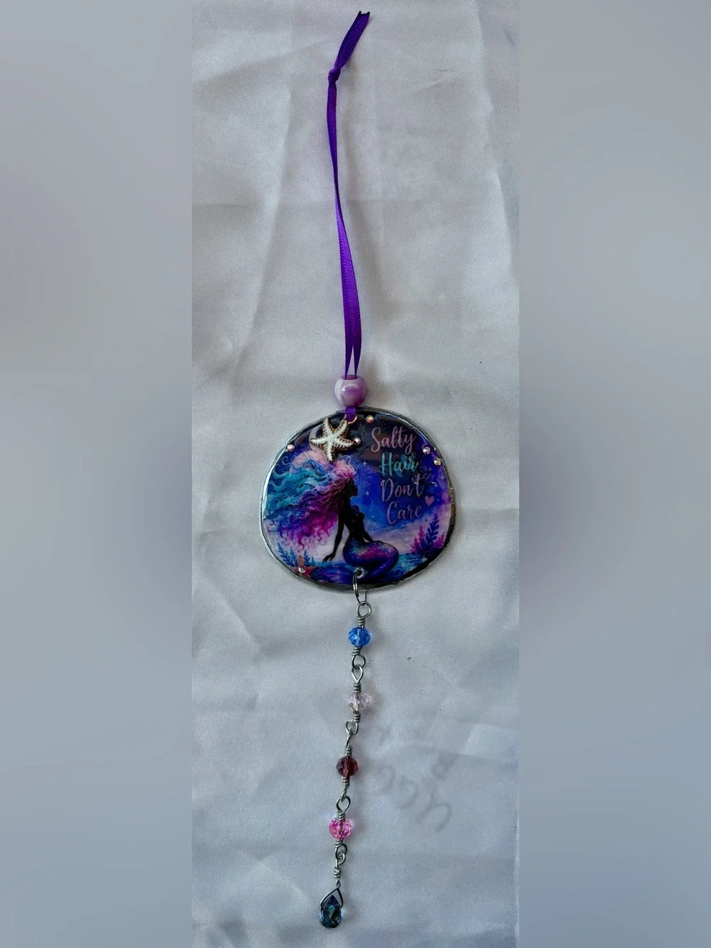 Decoupage Mermaid 'Salty Hair Don't Care' Purple & Blue Crystal Suncatcher